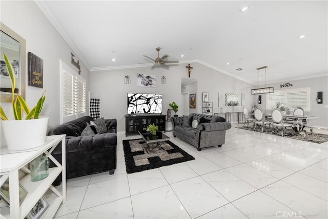 20109 Hunter St, Perris, CA 92570 - living area featuring lofted ceiling, a ceiling fan, recessed lighting, and ornamental molding