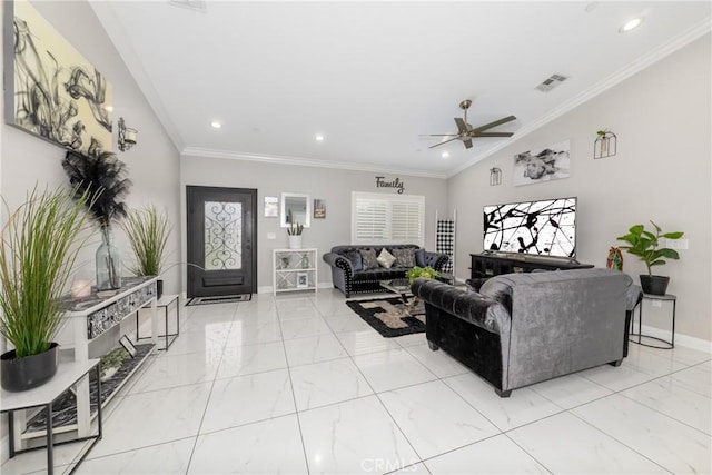 20109 Hunter St, Perris, CA 92570 - living area featuring baseboards, visible vents, a ceiling fan, marble finish floor, and crown molding