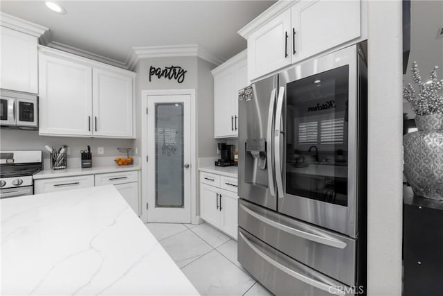 20109 Hunter St, Perris, CA 92570 - kitchen featuring light stone countertops, stainless steel appliances, white cabinetry, and ornamental molding