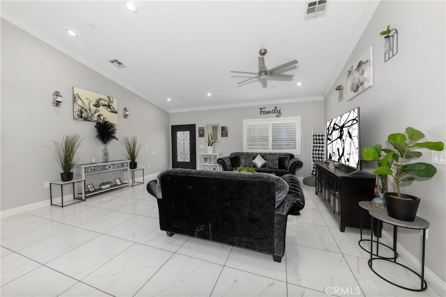 20109 Hunter St, Perris, CA 92570 - living room featuring visible vents, baseboards, a ceiling fan, and marble finish floor