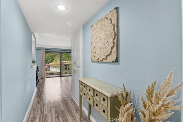 888 Ronda Sevilla Unit D, Laguna Woods, CA 92637 - hall with wood finished floors, baseboards, and a textured wall