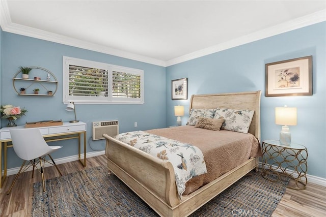 888 Ronda Sevilla Unit D, Laguna Woods, CA 92637 - bedroom featuring baseboards, crown molding, wood finished floors, and a wall mounted AC