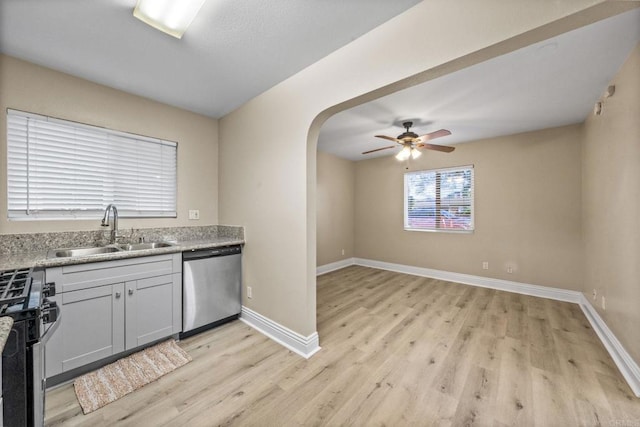 905 E 4th Ave Unit 1, National City, CA 91950 - kitchen featuring light wood-style floors, baseboards, ceiling fan, a sink, and stainless steel appliances
