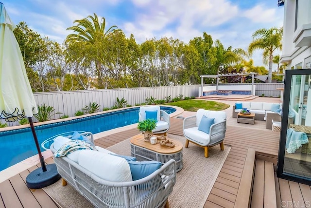 2850 Palmetto Point Ct, Chula Vista, CA 91915 - view of pool featuring outdoor lounge area, a deck, a fenced backyard, a pergola, and a jacuzzi