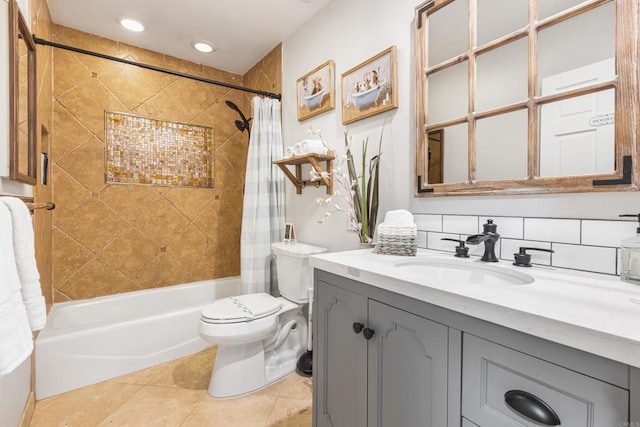 22053 Highland St, Wildomar, CA 92595 - bathroom with toilet, shower / bathtub combination with curtain, tile patterned flooring, and vanity