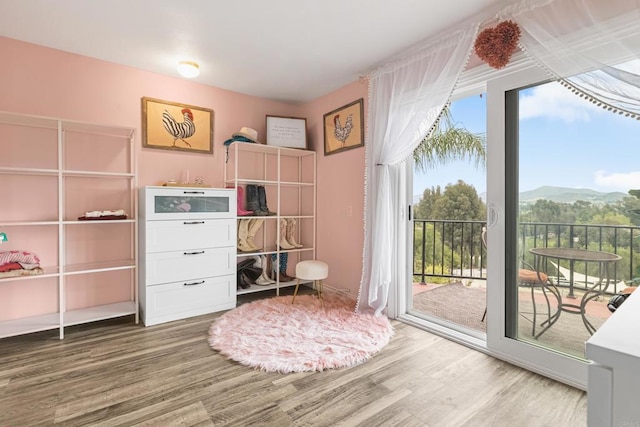 22053 Highland St, Wildomar, CA 92595 - bedroom featuring access to outside, wood finished floors, and a mountain view