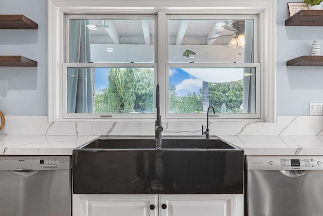 22053 Highland St, Wildomar, CA 92595 - kitchen with open shelves, stainless steel dishwasher, a sink, and tile counters