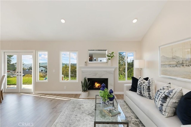 living room with wood finished floors, french doors, recessed lighting, and a high end fireplace