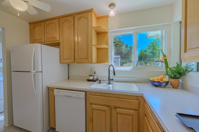 1398 Panorama Ridge Rd, Oceanside, CA 92056 - kitchen with white appliances, light countertops, light brown cabinetry, ceiling fan, and open shelves