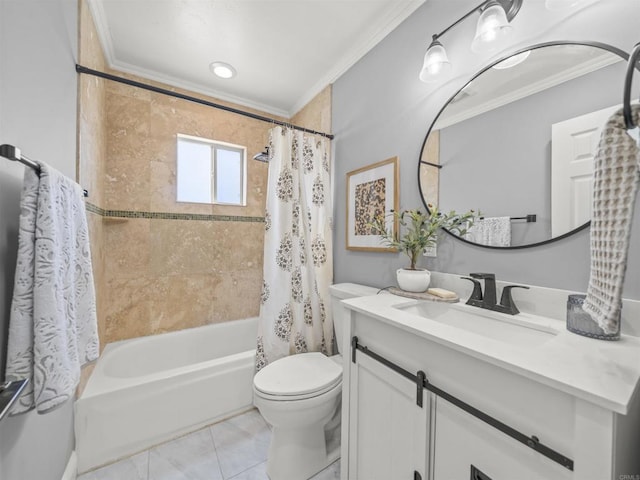 bathroom with shower / bath combo, vanity, ornamental molding, and toilet