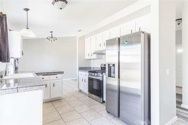 14292 Pinewood Dr, Hesperia, CA 92344 - kitchen featuring tile counters, a sink, stainless steel appliances, white cabinets, and under cabinet range hood