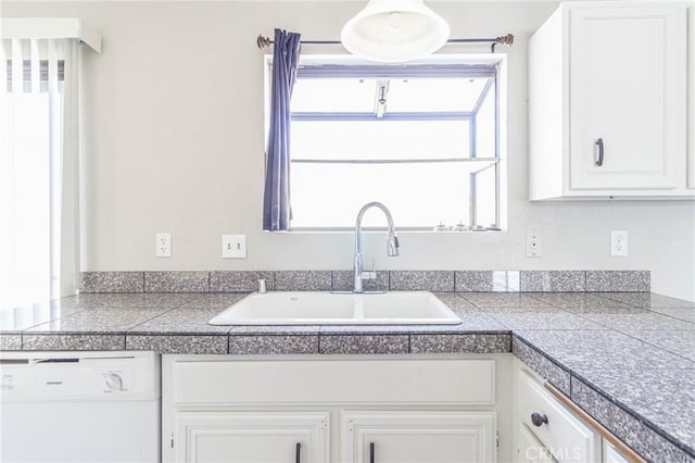 14292 Pinewood Dr, Hesperia, CA 92344 - kitchen featuring white cabinets, dishwasher, tile countertops, and a sink