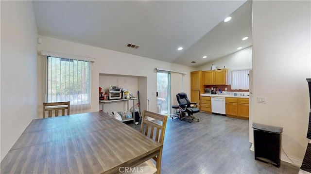dining area with recessed lighting, visible vents, wood finished floors, and lofted ceiling