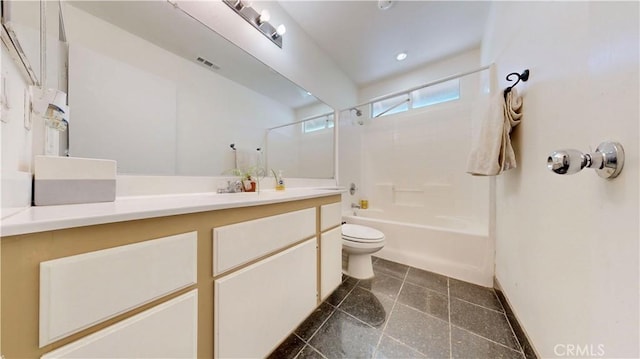 full bath featuring shower / bathing tub combination, visible vents, vanity, baseboards, and toilet