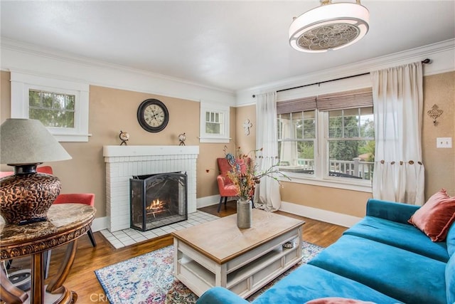 living area featuring crown molding, baseboards, wood finished floors, and a fireplace