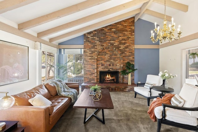 2409 Dehesa Rd, El Cajon, CA 92019 - carpeted living area with high vaulted ceiling, beamed ceiling, a notable chandelier, and a fireplace