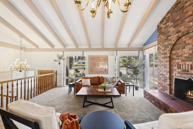 2409 Dehesa Rd, El Cajon, CA 92019 - living area featuring lofted ceiling with beams, carpet flooring, a chandelier, and a fireplace