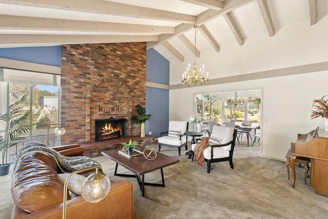 2409 Dehesa Rd, El Cajon, CA 92019 - carpeted living room with an inviting chandelier, beam ceiling, a fireplace, and high vaulted ceiling