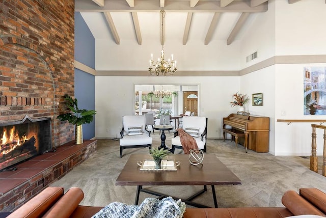 2409 Dehesa Rd, El Cajon, CA 92019 - carpeted living room with a fireplace, baseboards, visible vents, a notable chandelier, and high vaulted ceiling