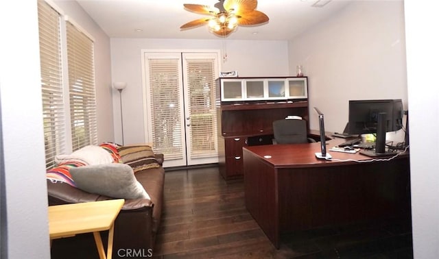 23801 Hollingsworth Dr, Murrieta, CA 92562 - office area featuring dark wood finished floors and ceiling fan