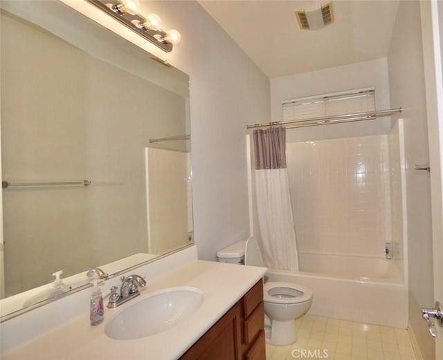 23801 Hollingsworth Dr, Murrieta, CA 92562 - full bathroom featuring shower / bath combo, tile patterned flooring, vanity, toilet, and visible vents