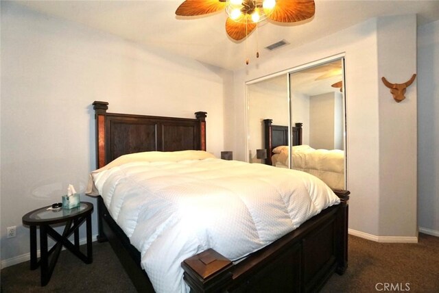 23801 Hollingsworth Dr, Murrieta, CA 92562 - bedroom with baseboards, visible vents, dark carpet, and a closet