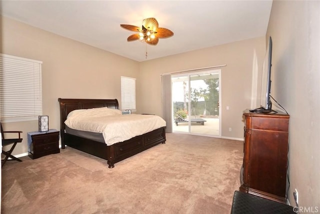 23801 Hollingsworth Dr, Murrieta, CA 92562 - bedroom featuring access to outside, baseboards, light colored carpet, and ceiling fan