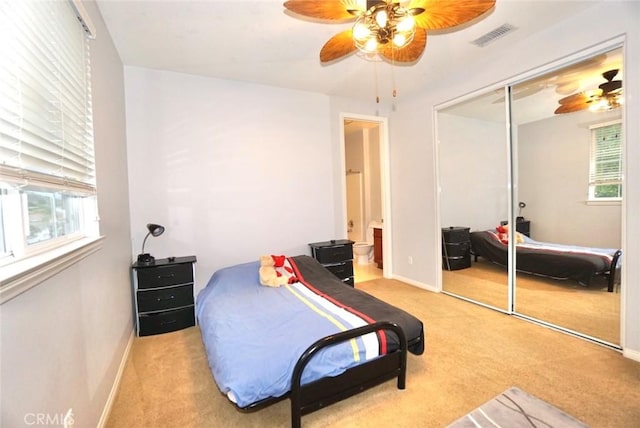 23801 Hollingsworth Dr, Murrieta, CA 92562 - carpeted bedroom featuring baseboards, ceiling fan, a closet, and visible vents