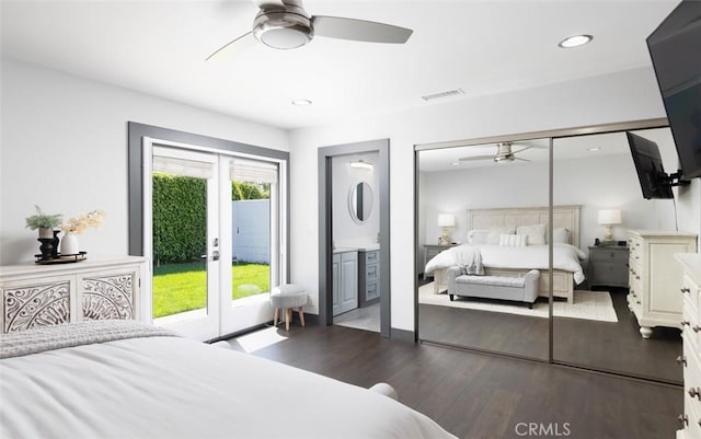 1055 N Mallard St, Orange, CA 92867 - bedroom with access to exterior, dark wood-style flooring, french doors, recessed lighting, and multiple closets