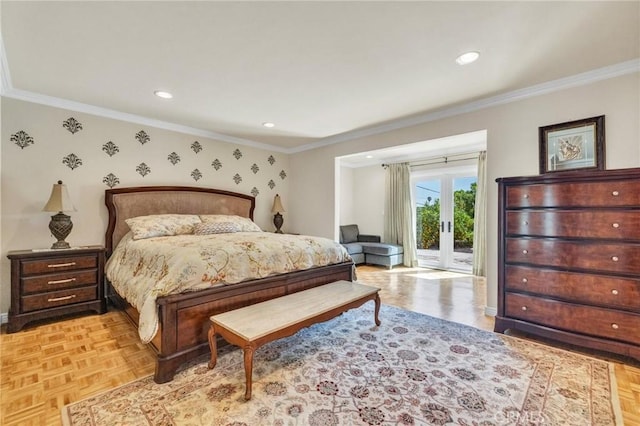 1506 Ameluxen Ave, Hacienda Heights, CA 91745 - bedroom with wallpapered walls, access to outside, crown molding, french doors, and recessed lighting