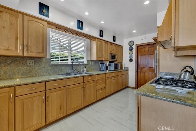 1506 Ameluxen Ave, Hacienda Heights, CA 91745 - kitchen featuring a sink, appliances with stainless steel finishes, range hood, light stone countertops, and backsplash