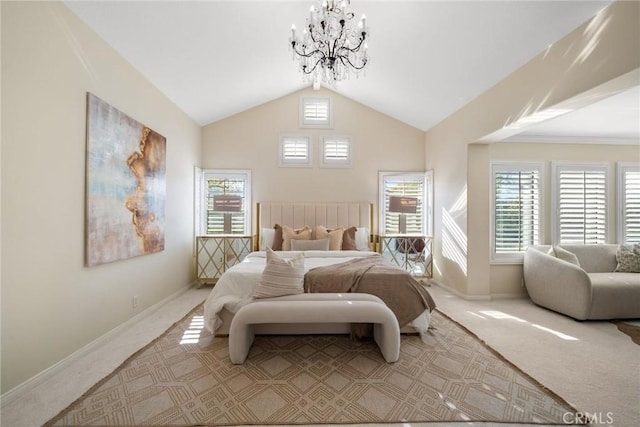 15 Pebble Bch, Coto De Caza, CA 92679 - bedroom featuring a chandelier, light carpet, baseboards, and high vaulted ceiling