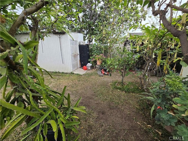 view of yard with fence, a storage unit, and an outbuilding