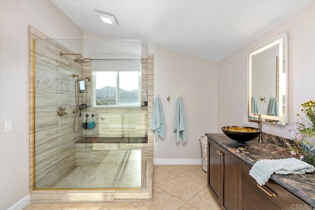 962 Chardonney Way, Escondido, CA 92029 - bathroom featuring lofted ceiling, a walk in shower, baseboards, vanity, and tile patterned flooring