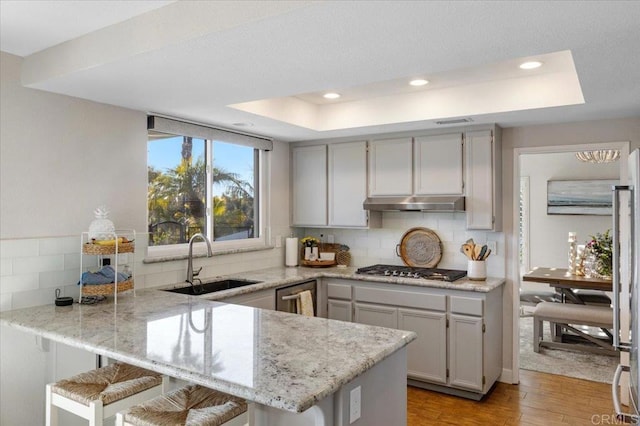 962 Chardonney Way, Escondido, CA 92029 - kitchen featuring a sink, a peninsula, a raised ceiling, a breakfast bar area, and light wood finished floors