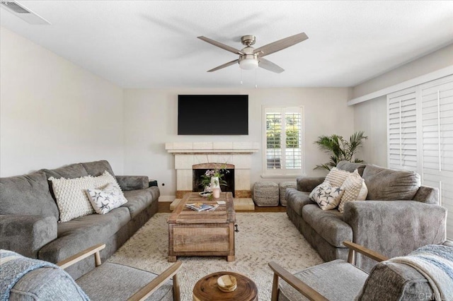962 Chardonney Way, Escondido, CA 92029 - living room with ceiling fan, wood finished floors, a fireplace, and baseboards