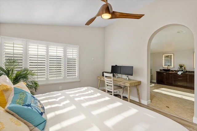 962 Chardonney Way, Escondido, CA 92029 - bedroom featuring arched walkways, tile patterned floors, ceiling fan, and baseboards