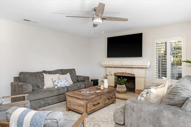 962 Chardonney Way, Escondido, CA 92029 - living room with a ceiling fan and a high end fireplace