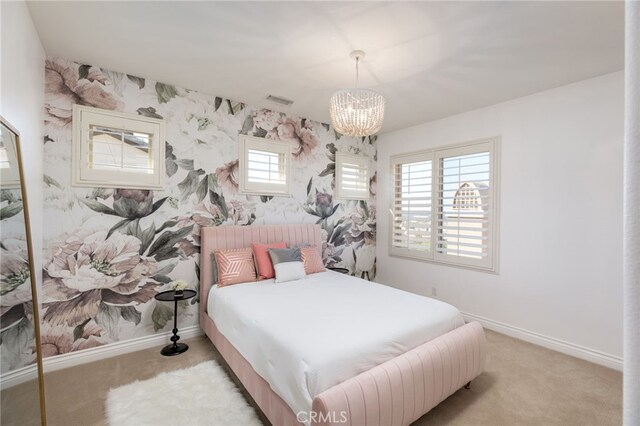 29311 Paseo Palmar, San Juan Capistrano, CA 92675 - carpeted bedroom featuring a chandelier, wallpapered walls, and baseboards