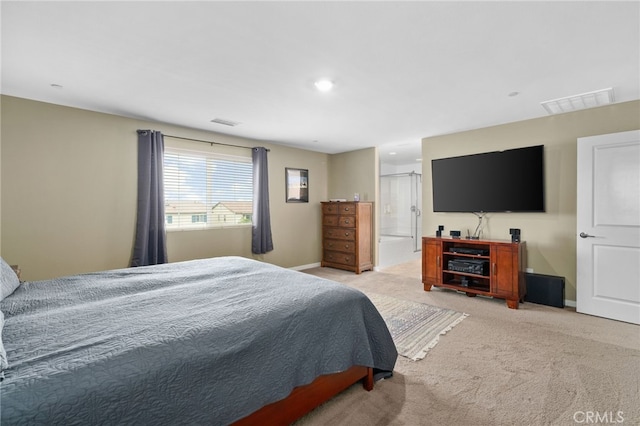 bedroom with recessed lighting, light carpet, visible vents, and baseboards