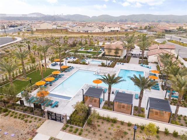 aerial view featuring a residential view and a mountain view