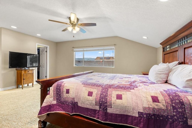 130 N Avenida Veracruz, Anaheim, CA 92808 - bedroom featuring a ceiling fan, baseboards, a textured ceiling, carpet flooring, and vaulted ceiling
