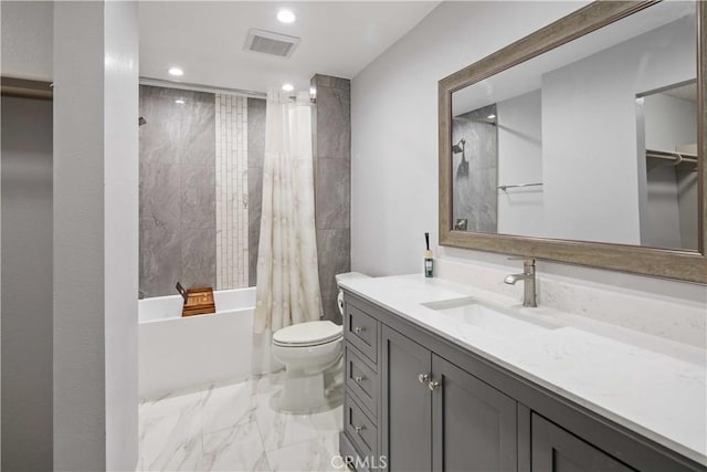 27633 Nugget Dr Unit 1, Canyon Country, CA 91387 - bathroom featuring toilet, visible vents, recessed lighting, marble finish floor, and vanity