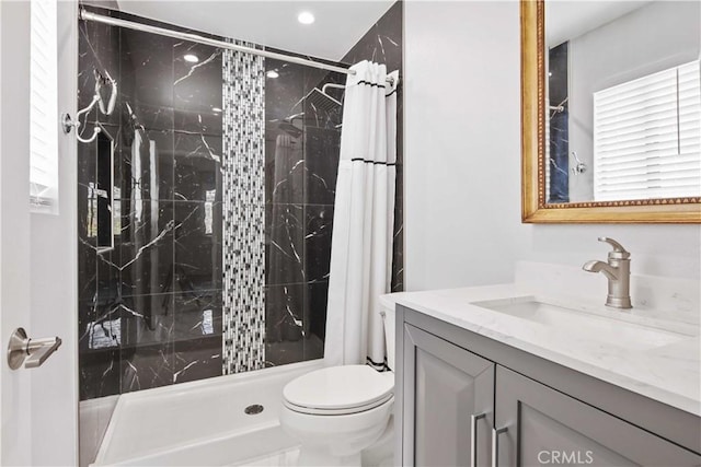 27633 Nugget Dr Unit 1, Canyon Country, CA 91387 - bathroom with toilet, vanity, recessed lighting, and a stall shower