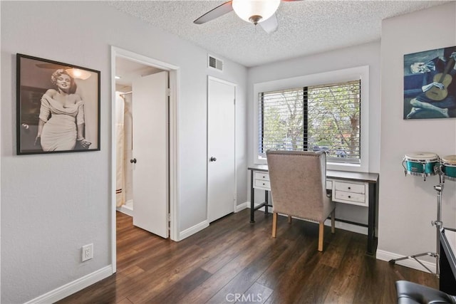 27633 Nugget Dr Unit 1, Canyon Country, CA 91387 - office area featuring baseboards, dark wood-style floors, a textured ceiling, and ceiling fan