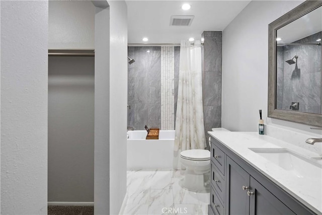 27633 Nugget Dr Unit 1, Canyon Country, CA 91387 - full bathroom featuring vanity, marble finish floor, toilet, visible vents, and recessed lighting