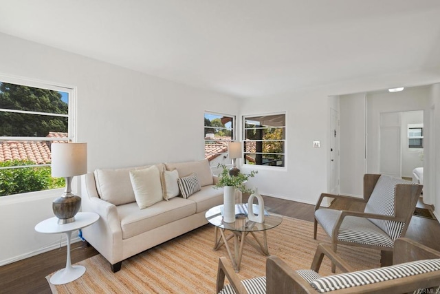 living area featuring wood finished floors and baseboards