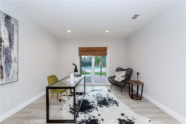 office with recessed lighting, baseboards, visible vents, and light wood-style flooring