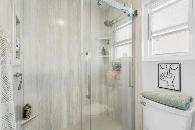 bathroom featuring a shower stall and toilet