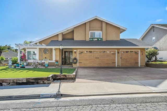 view of front of house featuring a front lawn, concrete driveway, a pergola, an attached garage, and stucco siding
